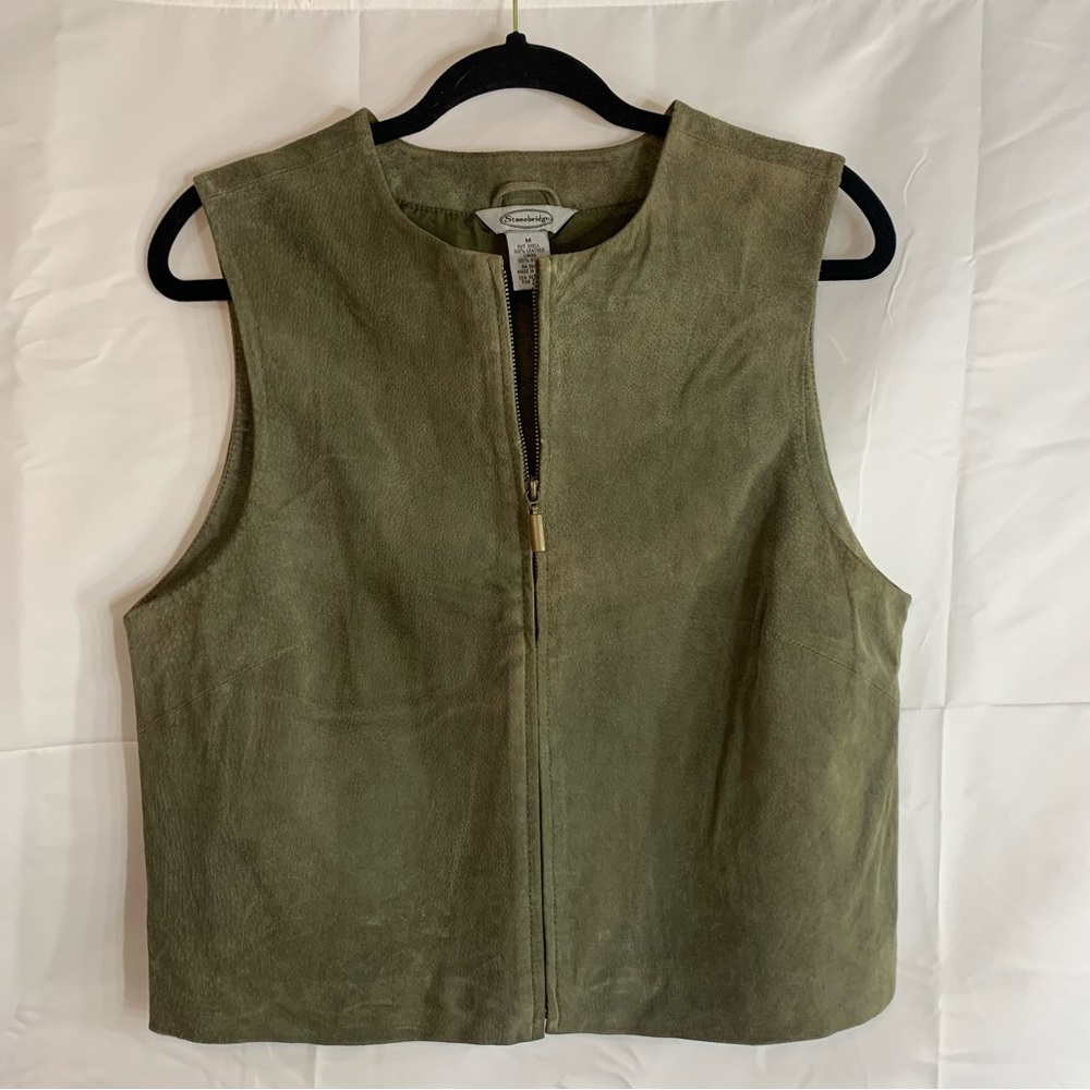 Vintage Stonebridge Olive Suede Leather Zip Up Vest, size M - Picture 8 of 8